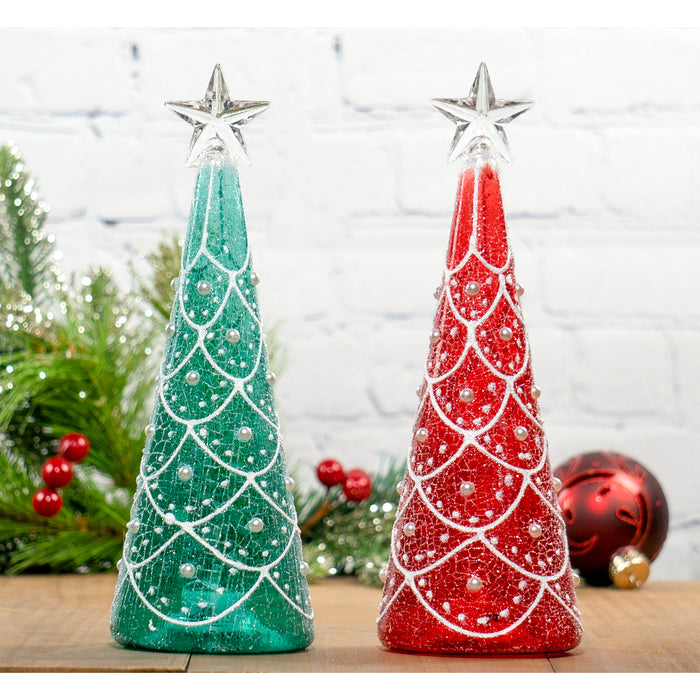 Red Co. Set of 2 Assorted Glass 9.5" Christmas Tree Figurine Ornaments with LED Lights, Light-Up Holiday Season Décor – Festive Red and Green