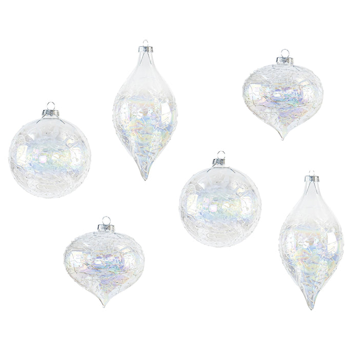 Red Co. Set of 6 Assorted 4” to 6” Decorative Iridescent Clear Glass Hanging Christmas Tree Ornaments - Olive, Ball & Onion