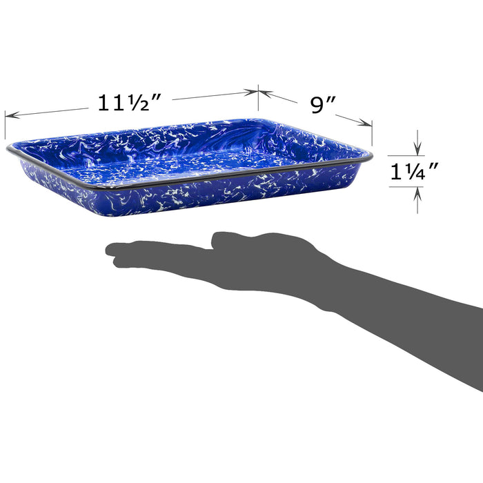 Red Co. 11" x 9" Enamelware Metal Classic 2 Quart Rectangular Serving Tray, Navy Blue Marble/Black Rim - Splatter Design