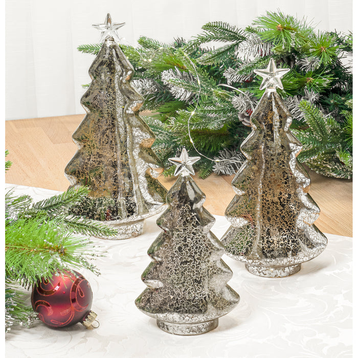 Red Co. 8.5”, 11”, 12.5” Light-Up Clear Glass Christmas Tree Tabletop Display Figurine Set of 3 Sizes, Mercury Gold
