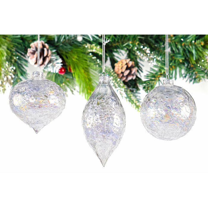 Red Co. Set of 12 Assorted 3” to 5” Decorative Iridescent Clear Crackle Glass Hanging Christmas Tree Ornaments - Olive, Ball & Onion