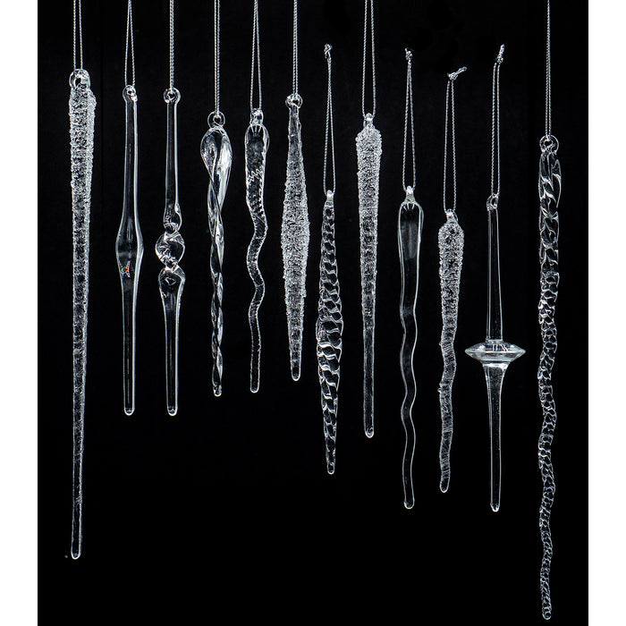 Red Co. Set of 12 Assorted 5” to 9” Decorative Clear Glass Twist Icicle Hanging Christmas Tree Ornaments