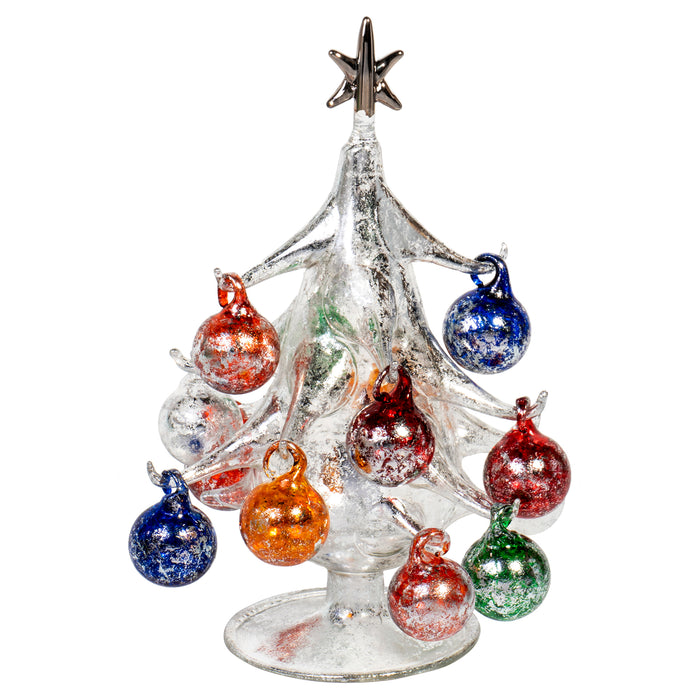 Red Co. 7.75" Argento Lucido Vintage Inspired Mini Glass Christmas Tree with 12 Removable Ornaments, BUON Natale Series