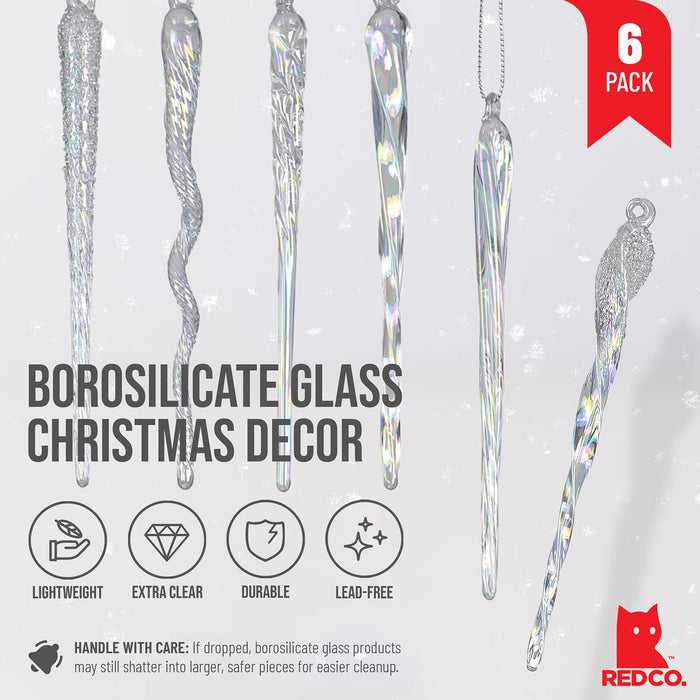 Red Co. Set of 6 Assorted Decorative 5.5” Glass Twist Icicle Hanging Christmas Tree Ornaments, Iridescent Clear