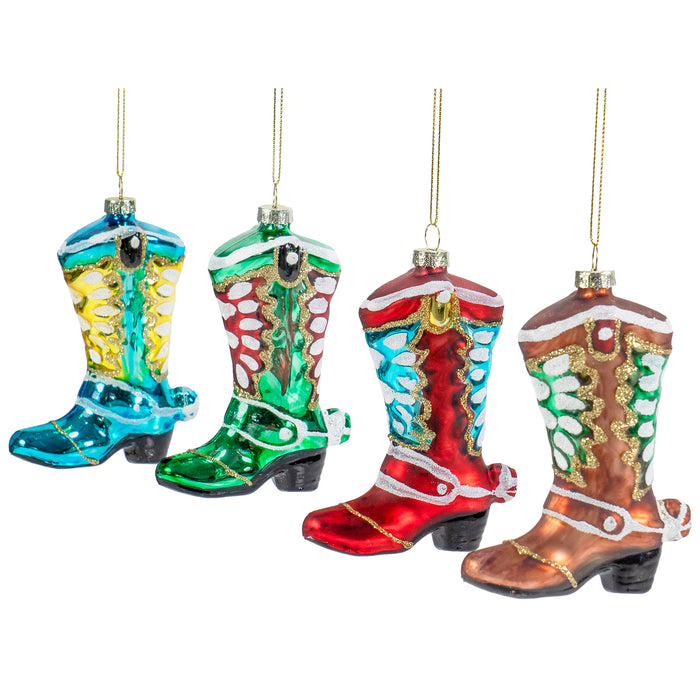 Red Co. 4.5” Small Decorative Glass Hanging Christmas Tree Ornaments – Set of 4 Assorted Cowboy Boots