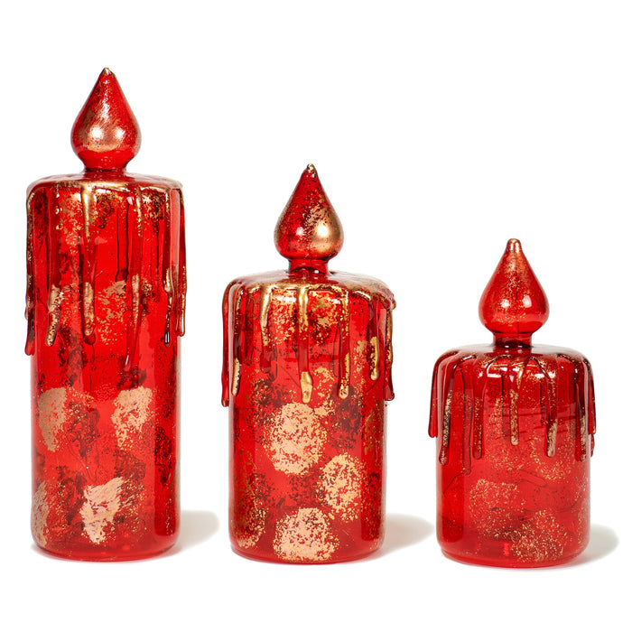 Red Co. Decorative Glass Christmas Candle Figurine Ornaments with LED Lights, Light-Up Holiday Season Décor – Royal Red with Distressed Gold – Set of 3 Sizes, 9.4 Inch, 7.5 Inch and 6 Inch