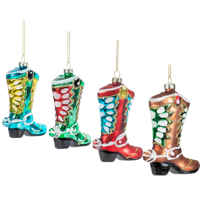 Red Co. 4.5” Small Decorative Glass Hanging Christmas Tree Ornaments – Set of 4 Assorted Cowboy Boots