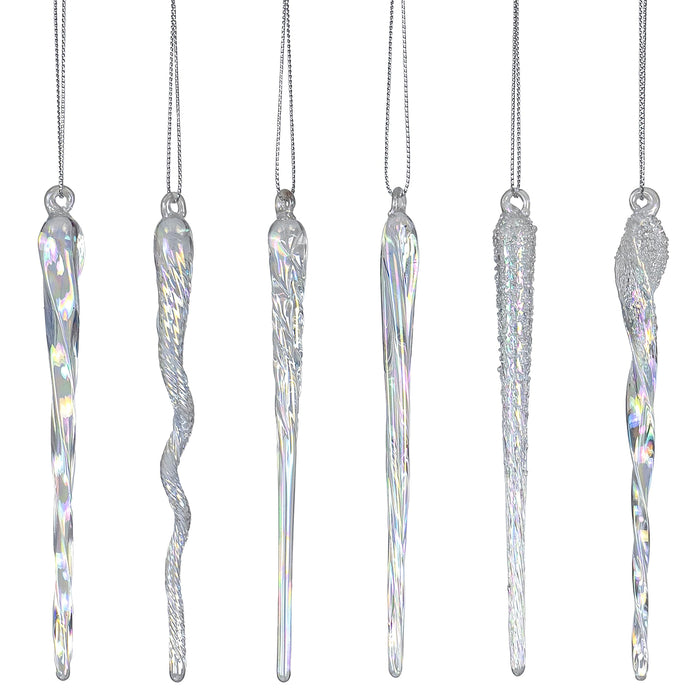 Red Co. Set of 6 Assorted Decorative 5.5” Glass Twist Icicle Hanging Christmas Tree Ornaments, Iridescent Clear