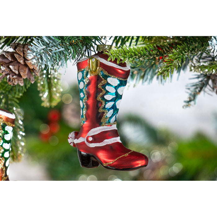 Red Co. 4.5” Small Decorative Glass Hanging Christmas Tree Ornaments – Set of 4 Assorted Cowboy Boots
