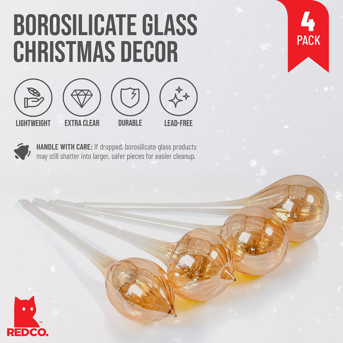 Red Co. Set of 4 Assorted 11” Long Decorative Glass Hanging Christmas Tree Ornaments, Champagne Gold