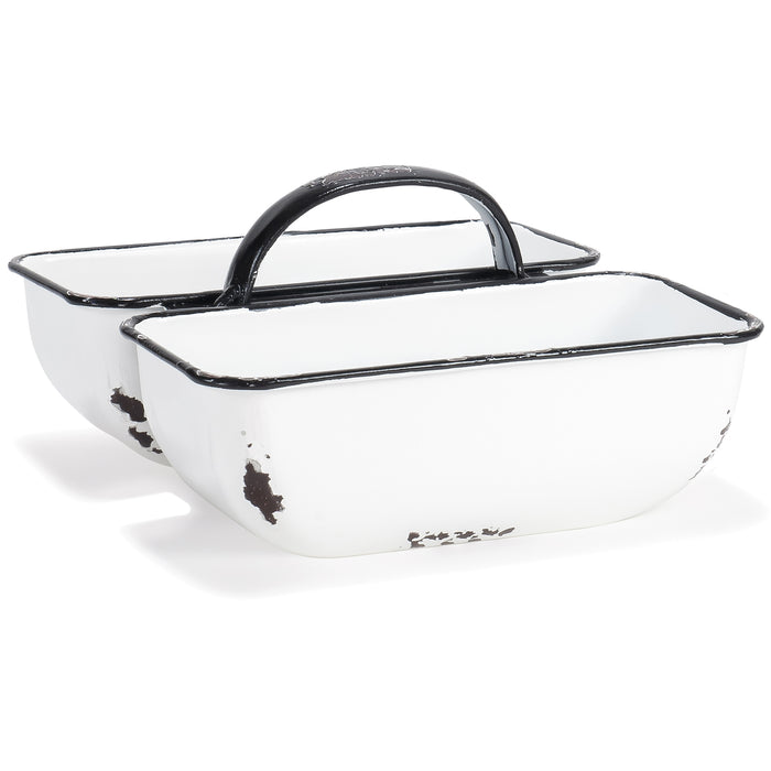 Red Co. 7.5” x 4.5” Enamelware 2-Compartment Serving & Storage Caddy Nut Bowl, White/Black Rim