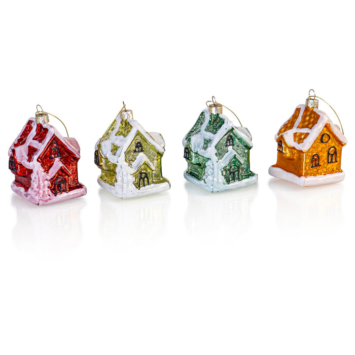 Red Co. Set of 4 Mini Decorative 3” Christmas Tree Glass Ornaments, Assorted Snowed Houses