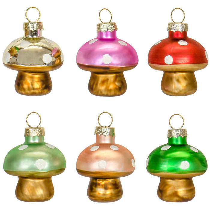 Red Co. 2.25” Mini Decorative Christmas Tree Glass Ornaments – Set of 6 Assorted Mushrooms