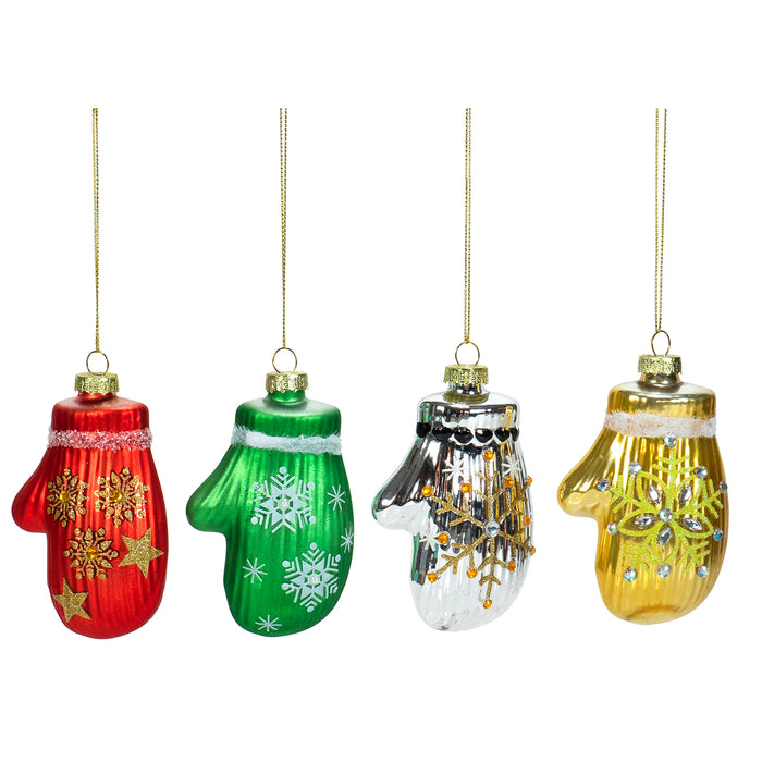 Red Co. 4” Small Decorative Glass Hanging Christmas Tree Ornaments – Set of 4 Assorted Mittens