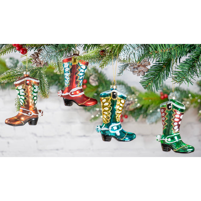 Red Co. 4.5” Small Decorative Glass Hanging Christmas Tree Ornaments – Set of 4 Assorted Cowboy Boots