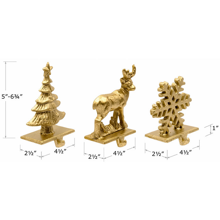 Red Co. Set of 3 Snowflake, Reindeer & Christmas Tree Decorative Cast Iron Stocking Holders in Old Gold Finish