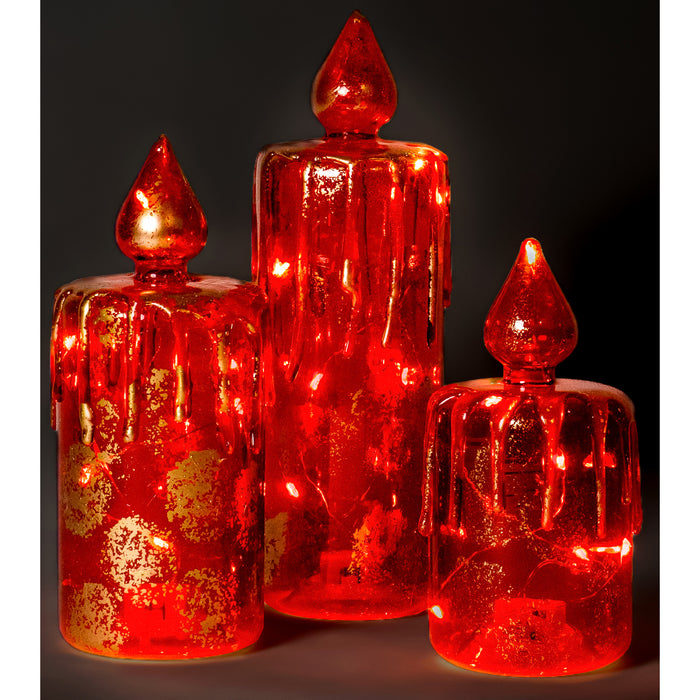 Red Co. Decorative Glass Christmas Candle Figurine Ornaments with LED Lights, Light-Up Holiday Season Décor – Royal Red with Distressed Gold – Set of 3 Sizes, 9.4 Inch, 7.5 Inch and 6 Inch