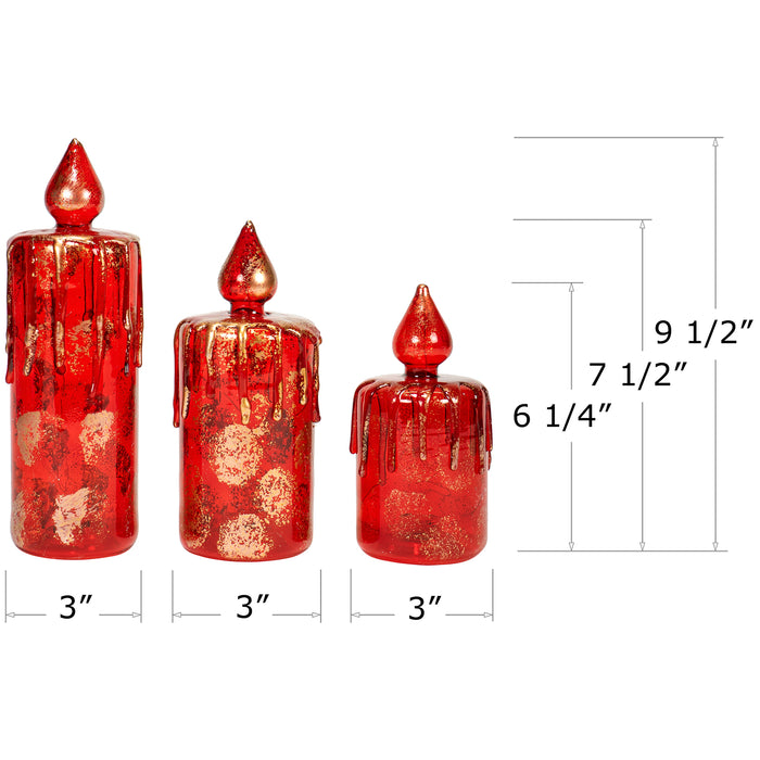 Red Co. Decorative Glass Christmas Candle Figurine Ornaments with LED Lights, Light-Up Holiday Season Décor – Royal Red with Distressed Gold – Set of 3 Sizes, 9.4 Inch, 7.5 Inch and 6 Inch