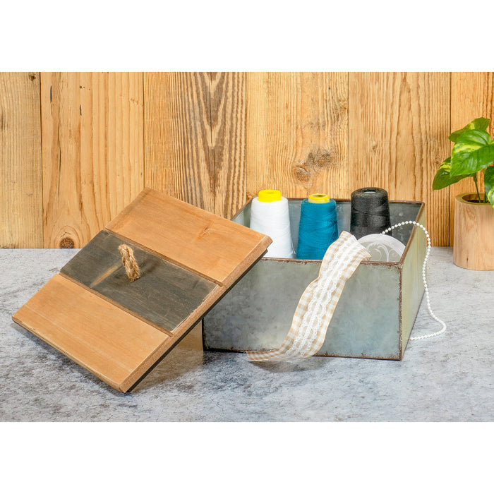 Red Co. 10.25" x 8" Country Rustic Galvanized Metal Decorative Storage Box with Wooden Lid