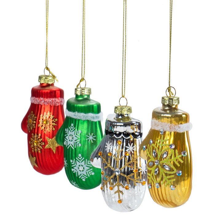 Red Co. 4” Small Decorative Glass Hanging Christmas Tree Ornaments – Set of 4 Assorted Mittens