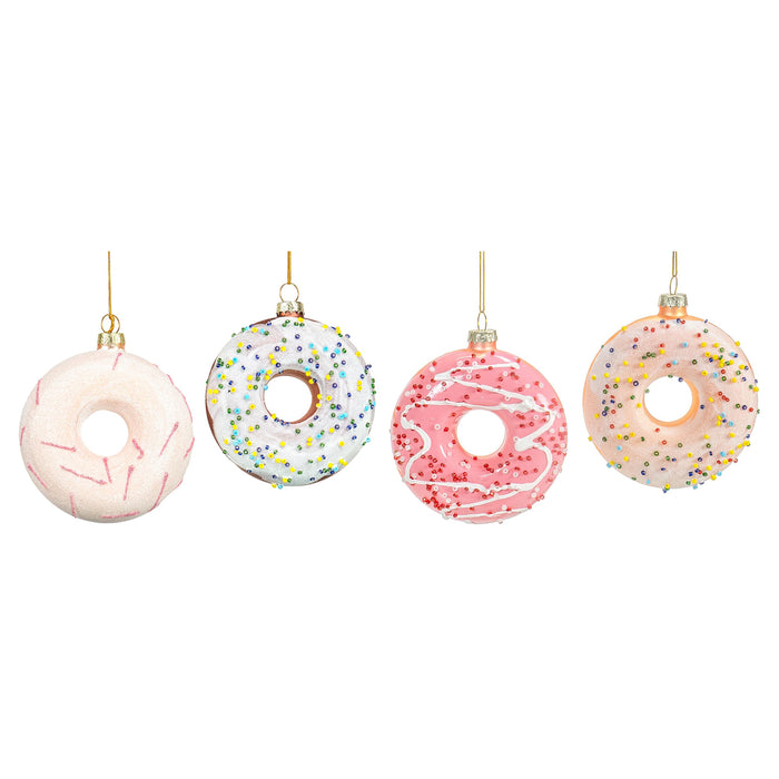 Red Co. Set of 4 Assorted Donuts 3.5” Small Decorative Glass Hanging Christmas Tree Ornaments