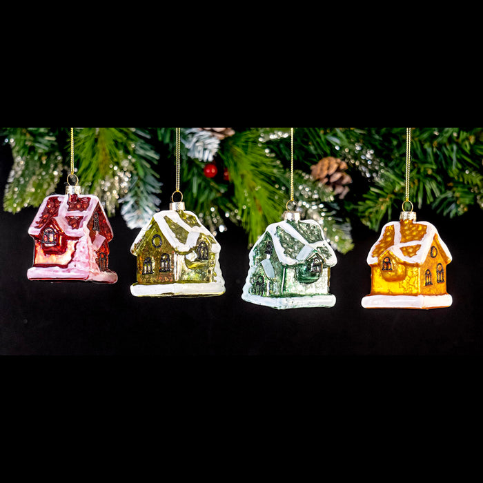 Red Co. Set of 4 Mini Decorative 3” Christmas Tree Glass Ornaments, Assorted Snowed Houses