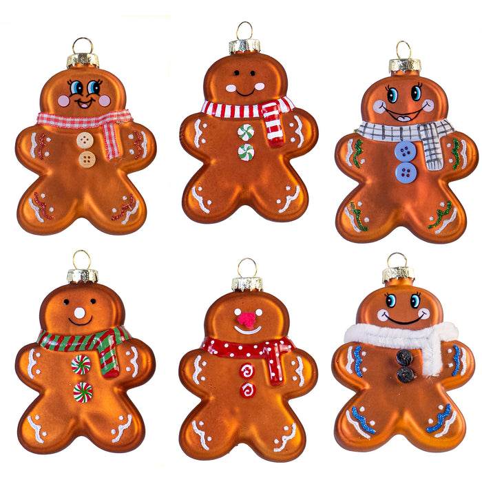 Red Co. Set of 6 Mini Decorative 4” Christmas Tree Glass Ornaments, Assorted Gingerbread Men