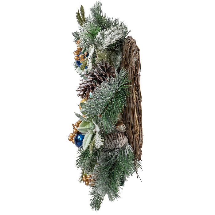 Red Co. 22” Decorative Snow-Flocked Artificial Light-Up Christmas Wreath with Assorted Ornaments, Battery-Operated LED Lights with Timer