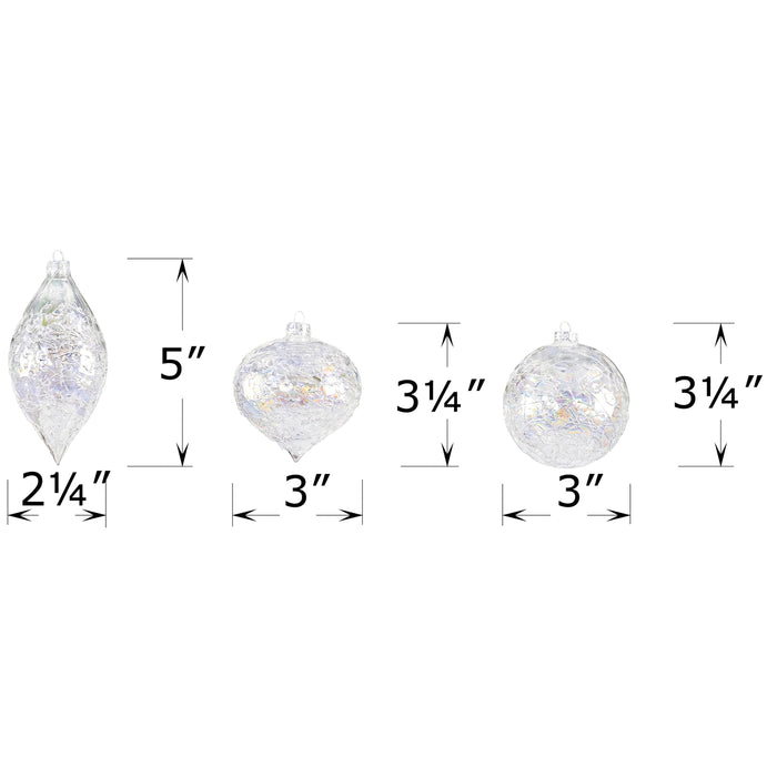 Red Co. Set of 12 Assorted 3” to 5” Decorative Iridescent Clear Crackle Glass Hanging Christmas Tree Ornaments - Olive, Ball & Onion