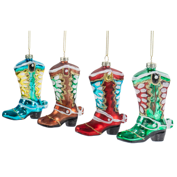 Red Co. 4.5” Small Decorative Glass Hanging Christmas Tree Ornaments – Set of 4 Assorted Cowboy Boots