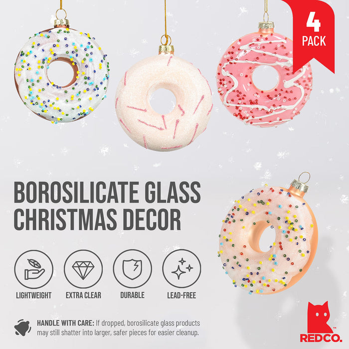 Red Co. Set of 4 Assorted Donuts 3.5” Small Decorative Glass Hanging Christmas Tree Ornaments