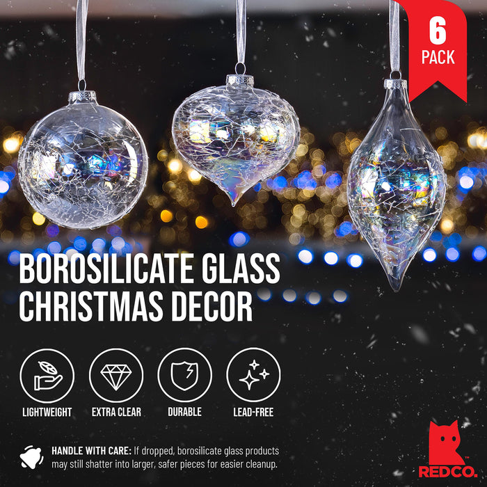 Red Co. Set of 6 Assorted 4” to 6” Decorative Iridescent Clear Glass Hanging Christmas Tree Ornaments - Olive, Ball & Onion