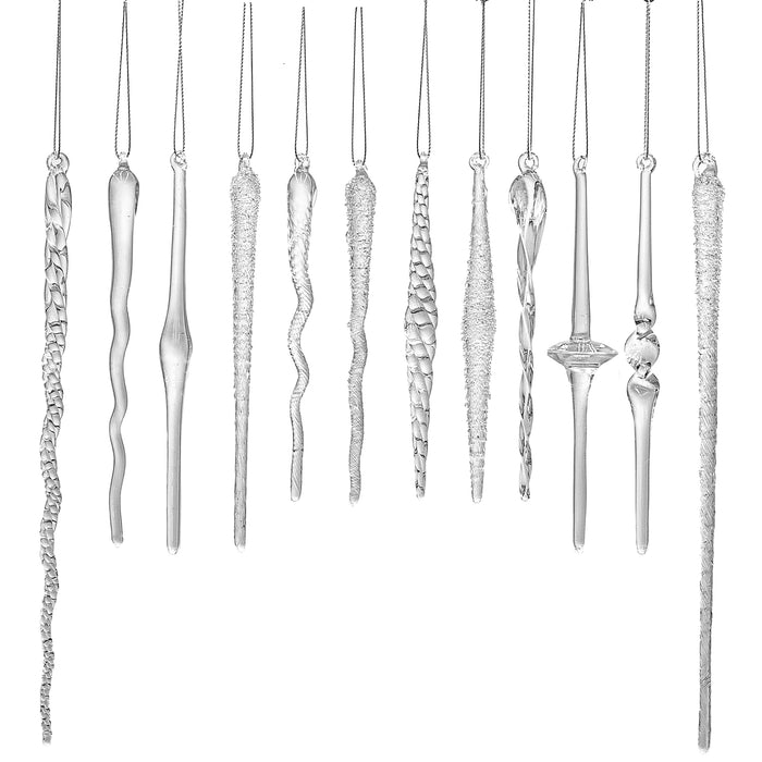 Red Co. Set of 12 Assorted 5” to 9” Decorative Clear Glass Twist Icicle Hanging Christmas Tree Ornaments