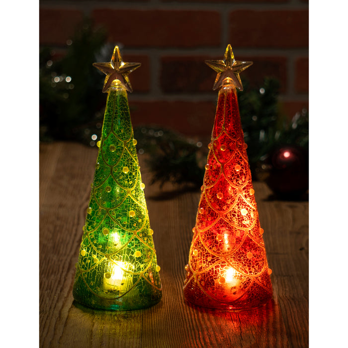 Red Co. Set of 2 Assorted Glass 9.5" Christmas Tree Figurine Ornaments with LED Lights, Light-Up Holiday Season Décor – Festive Red and Green