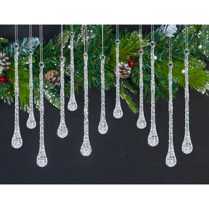 Red Co. Set of 12 Decorative 6” and 7.5” Clear Glass Icicle Drop Hanging Christmas Tree Ornaments