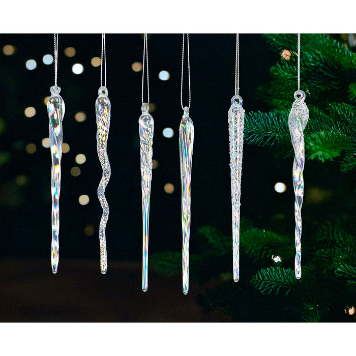 Red Co. Set of 6 Assorted Decorative 5.5” Glass Twist Icicle Hanging Christmas Tree Ornaments, Iridescent Clear
