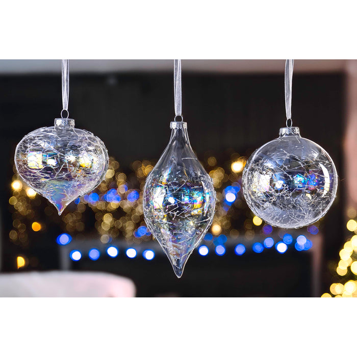 Red Co. Set of 6 Assorted 4” to 6” Decorative Iridescent Clear Glass Hanging Christmas Tree Ornaments - Olive, Ball & Onion
