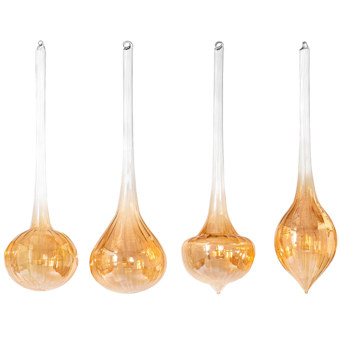 Red Co. Set of 4 Assorted 11” Long Decorative Glass Hanging Christmas Tree Ornaments, Champagne Gold