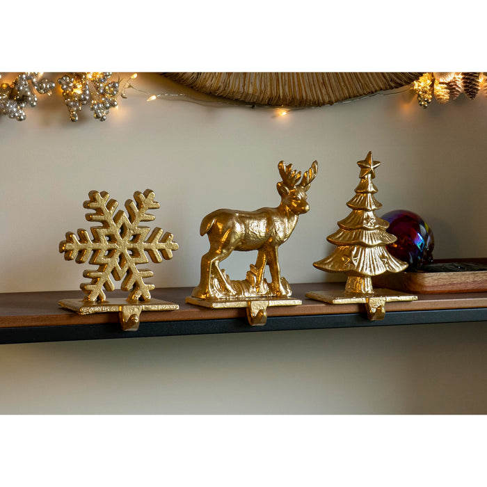 Red Co. 6.75" Decorative Cast Iron Stocking Holder with Hook in Old Gold Finish – Reindeer