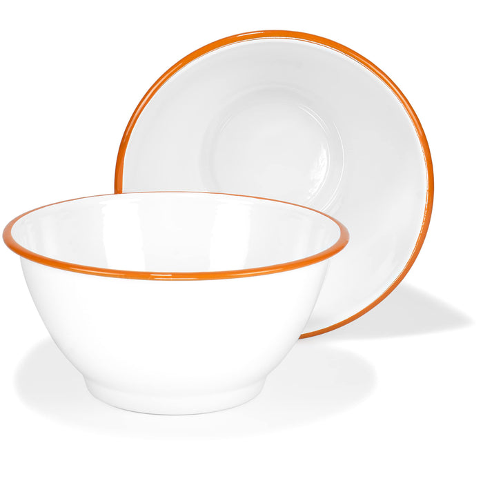 Red Co. Set of 2 Enamelware Metal Large Classic 4 quart Round Salad Serving Bowl, Solid White/Color Rim