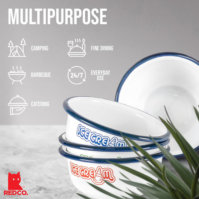 Red Co. Set of 4 White Enamelware Metal 7 oz Ice Cream Bowls, Assorted Color Prints/Navy Blue Rim