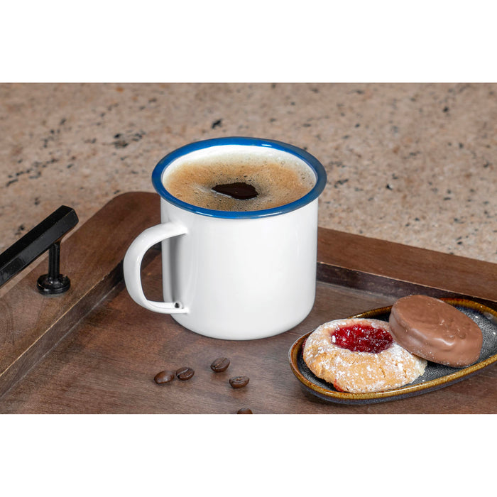 Red Co. Set of 6 Enamelware Metal Medium Classic 12 Oz Round Coffee and Tea Mug with Handle, Solid White/Color Rim
