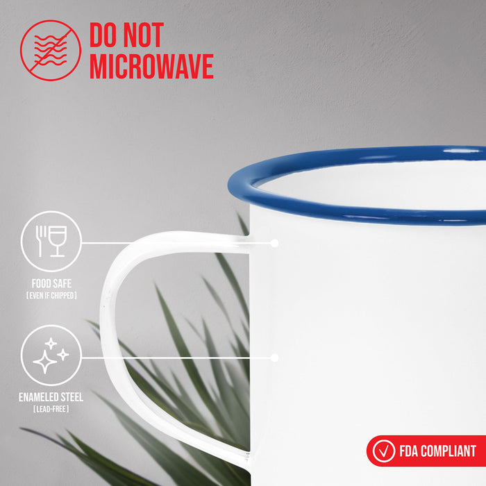 Red Co. Set of 6 Enamelware Metal Medium Classic 12 Oz Round Coffee and Tea Mug with Handle, Solid White/Color Rim