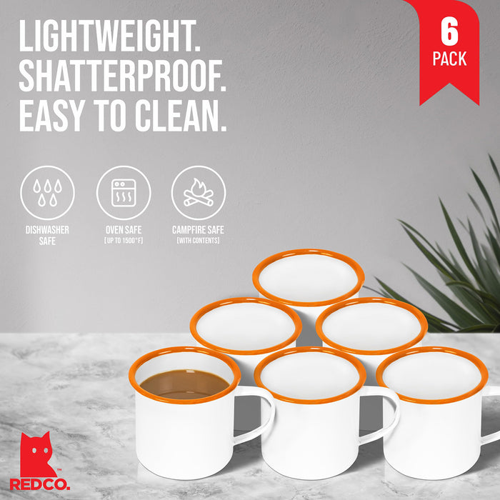 Red Co. Set of 6 Enamelware Metal Medium Classic 12 Oz Round Coffee and Tea Mug with Handle, Solid White/Color Rim