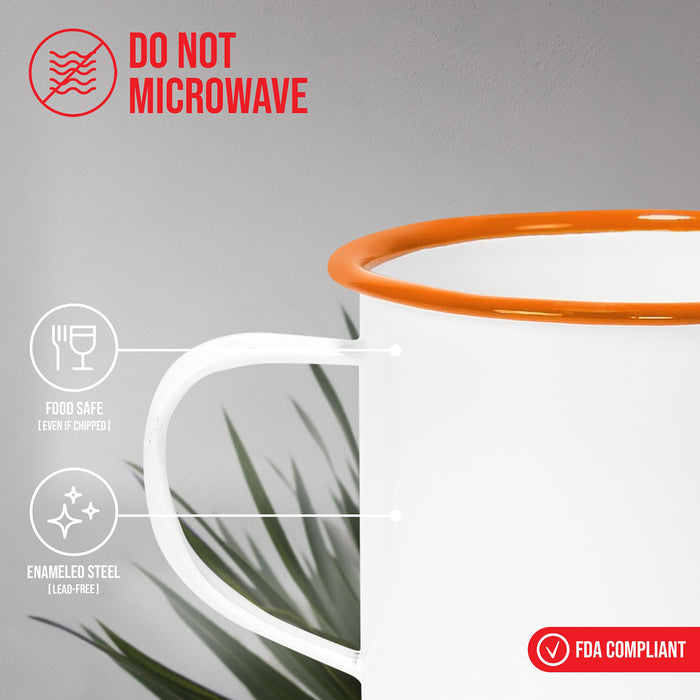 Red Co. Set of 6 Enamelware Metal Medium Classic 12 Oz Round Coffee and Tea Mug with Handle, Solid White/Color Rim
