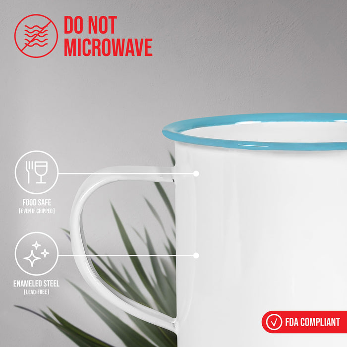 Red Co. Set of 6 Enamelware Metal Medium Classic 12 Oz Round Coffee and Tea Mug with Handle, Solid White/Color Rim
