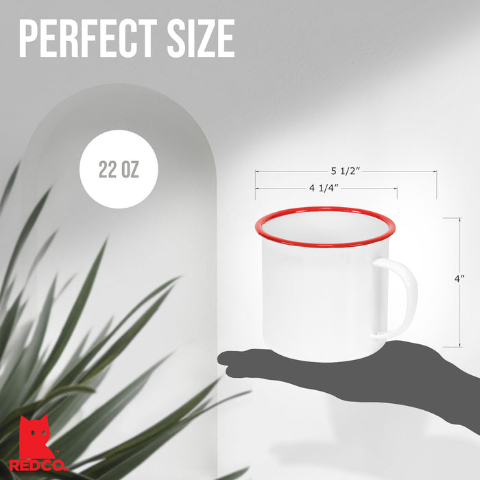 Red Co. Enamelware Metal Large Classic 22 Oz Round Coffee and Tea Mug with Handle, Solid White/Red Rim
