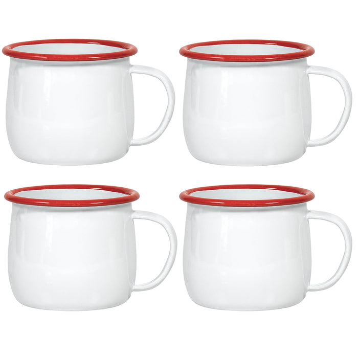 Red Co. Set of 4 Enamelware Metal 12 Oz Round Camping Mugs, Solid White/Color Rim