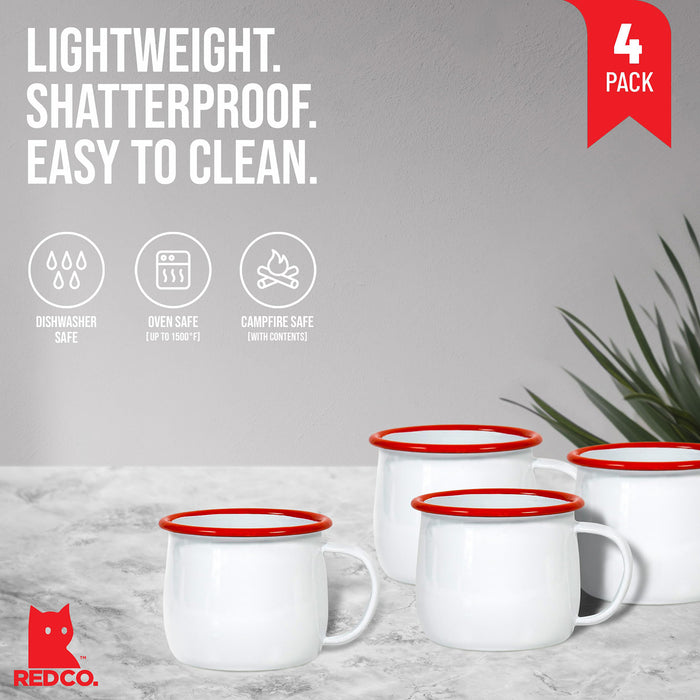 Red Co. Set of 4 Enamelware Metal 12 Oz Round Camping Mugs, Solid White/Color Rim