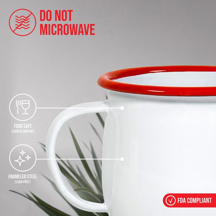 Red Co. Set of 4 Enamelware Metal 12 Oz Round Camping Mugs, Solid White/Color Rim
